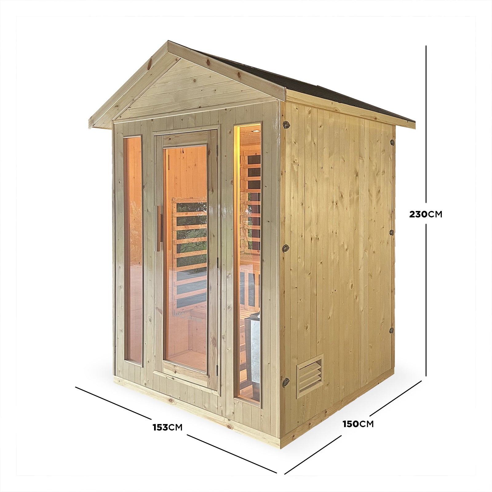 Kiima 3 Person Hybrid Finnish Outdoor Sauna in Natural features a wooden cabin with a glass-front door, visible slatted benches, and a heater unit, perfect for backyard wellness.