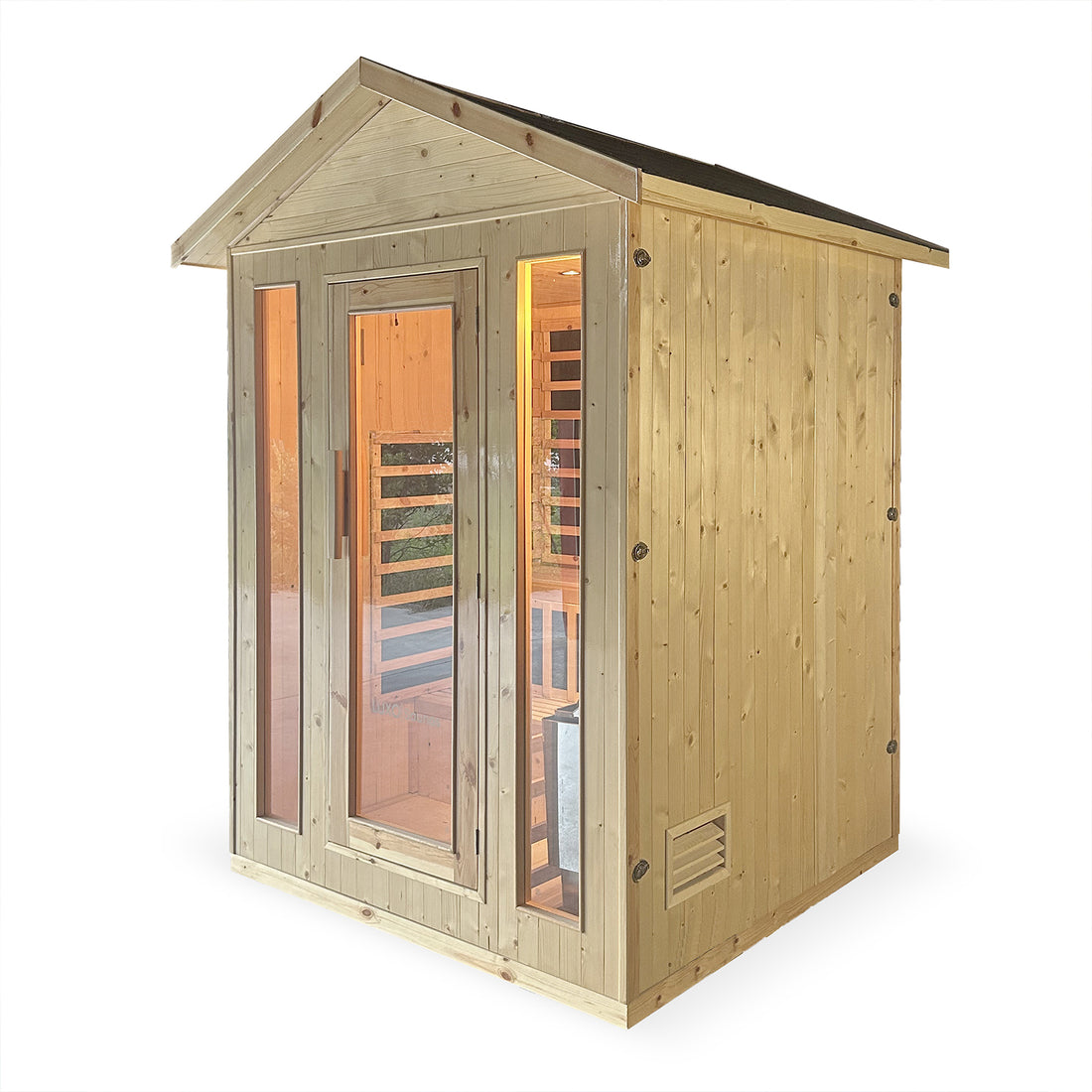 Kiima 3 Person Hybrid Finnish Outdoor Sauna in Natural, featuring a light timber cabin with a peaked roof, full-height glass door, and visible bench seating and heater unit inside.
