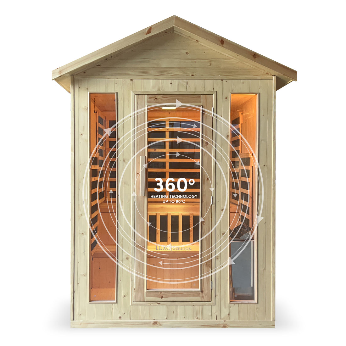 Kiima 3-Person Hybrid Infrared & Finnish Outdoor Sauna in Natural, featuring a glass-paneled front and side windows, showcasing interior wooden benches and infrared heating panels, with 360° heating technology overlay.