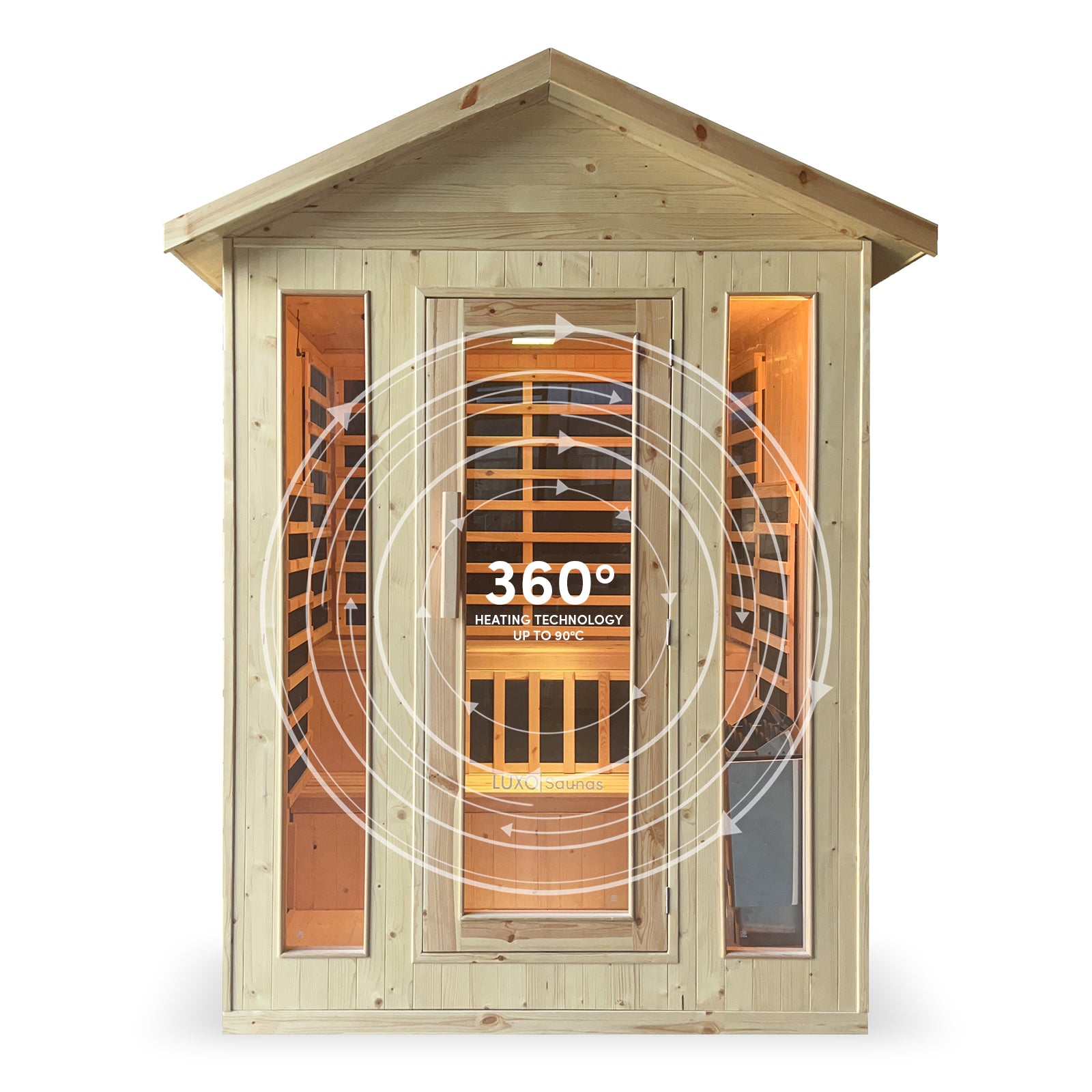 Kiima 3-Person Hybrid Infrared & Finnish Outdoor Sauna in Natural, featuring a glass-paneled front and side windows, showcasing interior wooden benches and infrared heating panels, with 360° heating technology overlay.