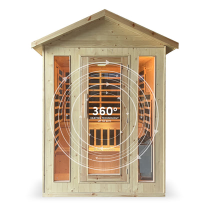 Kiima 3-Person Hybrid Infrared & Finnish Outdoor Sauna in Natural, featuring a glass-paneled front and side windows, showcasing interior wooden benches and infrared heating panels, with 360° heating technology overlay.