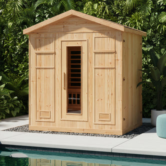 Kiima 6 Person Hybrid Finnish Outdoor Sauna in Natural on a patio, features a glass door with LUXO Saunas logo, wooden-slatted interior, and tropical backdrop, enhancing backyard relaxation.
