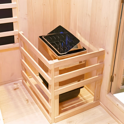 Kiima 6-Person Hybrid Infrared & Finnish Outdoor Sauna in Natural features a light wooden interior with a freestanding electric heater, slatted guardrail, and seating—ideal for outdoor wellness sessions.