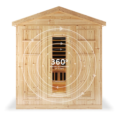Kiima 6-Person Hybrid Infrared & Finnish Outdoor Sauna in Natural, featuring a wooden cabin with a glass-front door, showcasing 360° heating technology by Luxo Saunas for versatile wellness experiences.