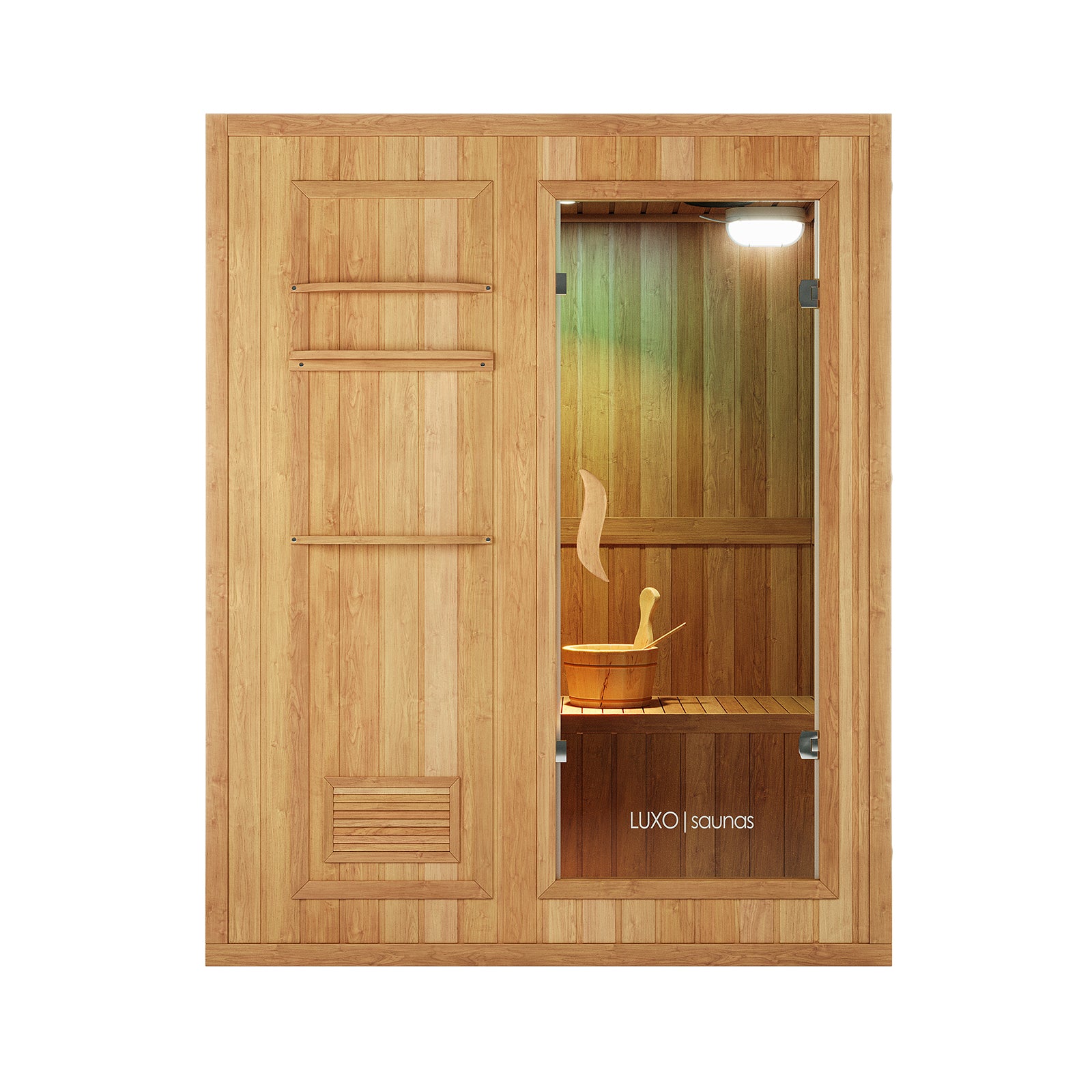 Kivi 3-Person Traditional Stove Finnish Indoor Home Sauna featuring a glass-front door, wooden bench, water bucket, ladle, rising steam, overhead light, towel bars, and vent on a solid wood panel.