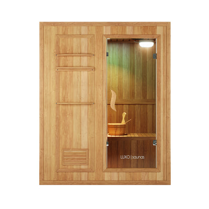 Kivi 3-Person Traditional Stove Finnish Indoor Home Sauna featuring a glass-front door, wooden bench, water bucket, ladle, rising steam, overhead light, towel bars, and vent on a solid wood panel.