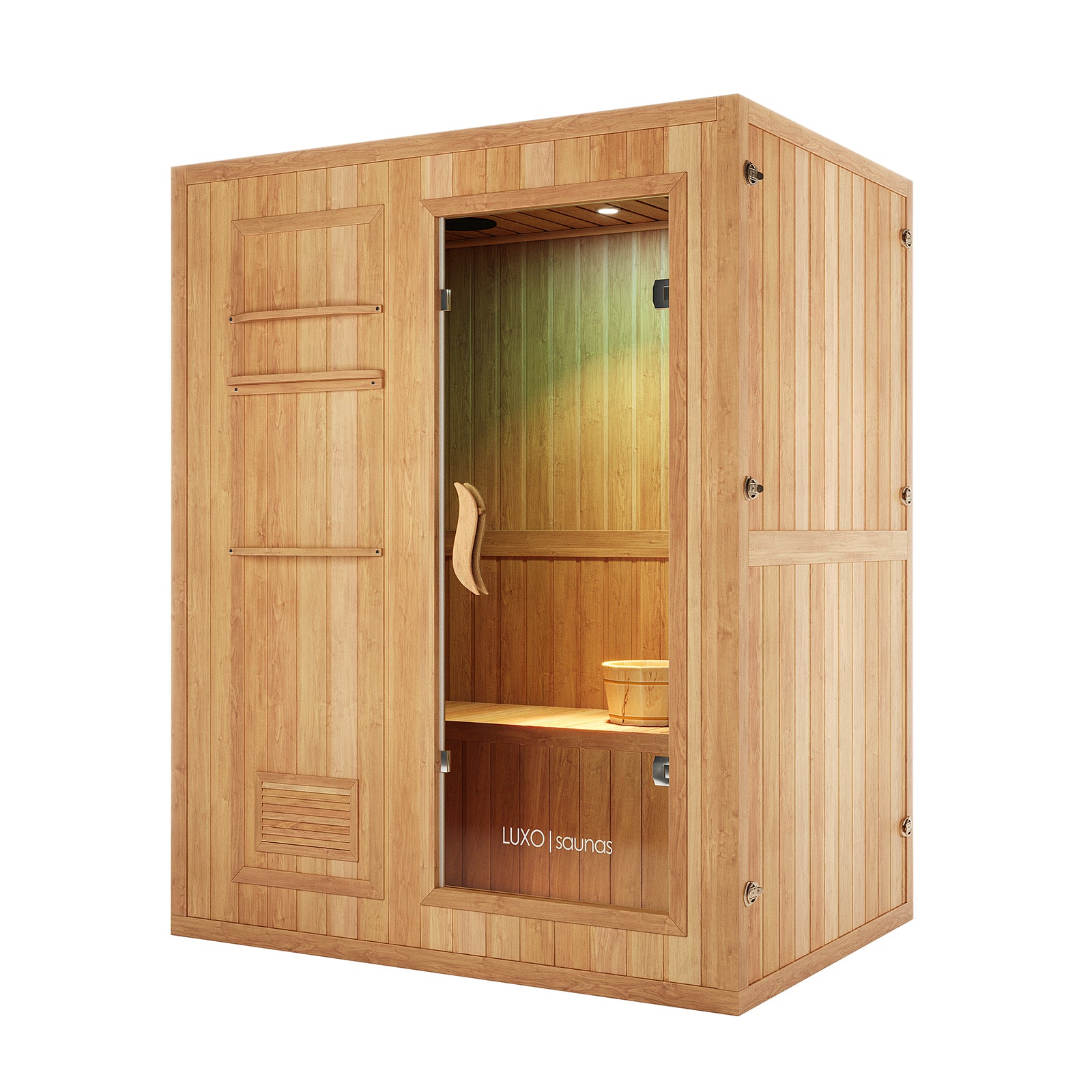 Kivi 3-Person Traditional Stove Finnish Indoor Home Sauna, featuring a freestanding wooden cabin with a glass door, interior bench, wooden bucket, and overhead lighting for a complete sauna experience.