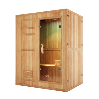 Kivi 3-Person Traditional Stove Finnish Indoor Home Sauna, featuring a freestanding wooden cabin with a glass door, interior bench, wooden bucket, and overhead lighting for a complete sauna experience.