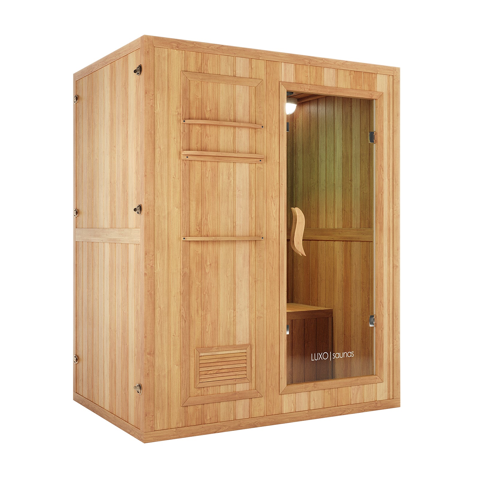 Kivi 3-Person Traditional Stove Finnish Indoor Home Sauna, featuring tongue-and-groove wood panels, a glass-front door with LUXO saunas branding, interior bench seating, and an overhead light.