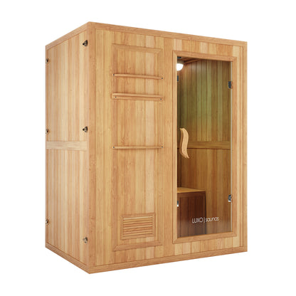 Kivi 3-Person Traditional Stove Finnish Indoor Home Sauna, featuring tongue-and-groove wood panels, a glass-front door with LUXO saunas branding, interior bench seating, and an overhead light.