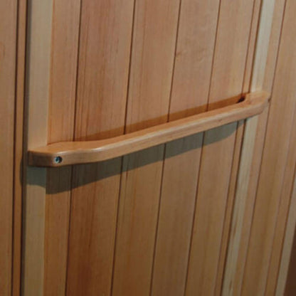 Kivi 3-Person Traditional Finnish Sauna with Canadian Hemlock wood construction, close-up of wooden door handle and wall panel, showcasing craftsmanship and design for home relaxation.