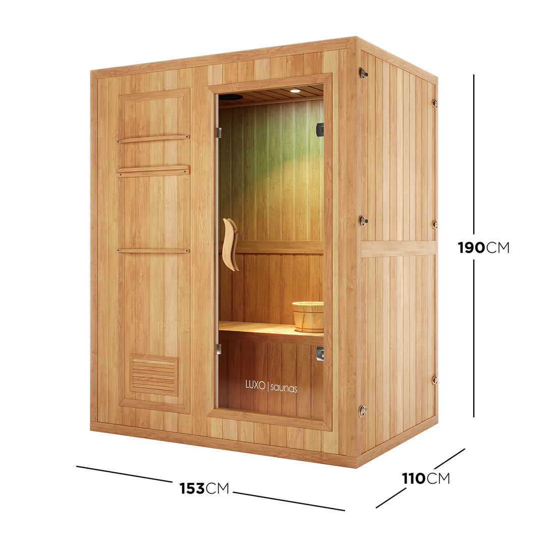 Kivi 3-Person Traditional Stove Finnish Indoor Home Sauna features tongue-and-groove wood panels, a tempered-glass door, interior bench and light, with included wooden bucket and ladle, measuring 153x110x190 cm.