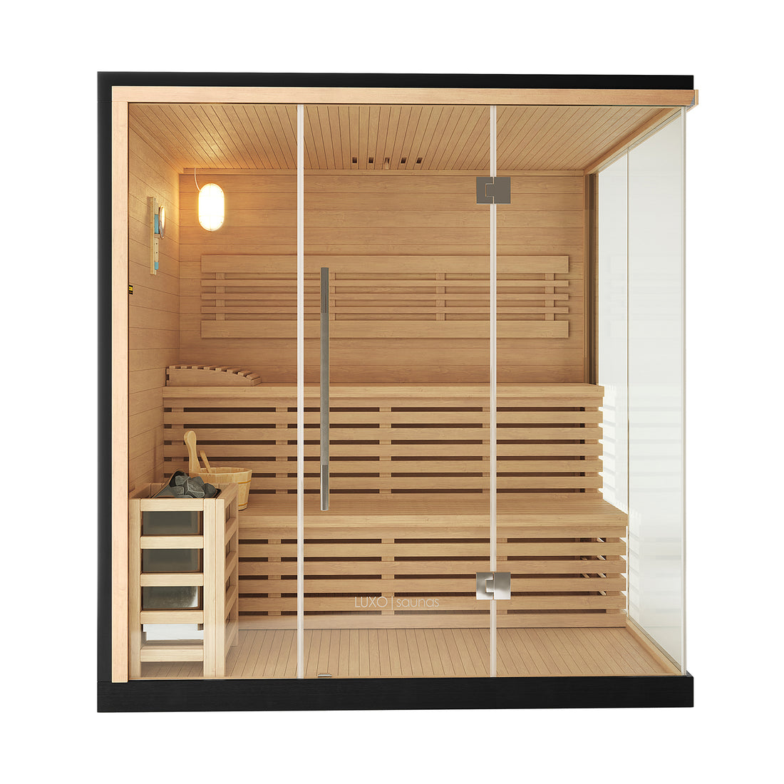 Kivi 4 Person Traditional Finnish Home Sauna with glass front, light-colored wood, slatted benches, wall-mounted light, and heater with stones, bucket, and ladle, offering a minimalist, clean design.