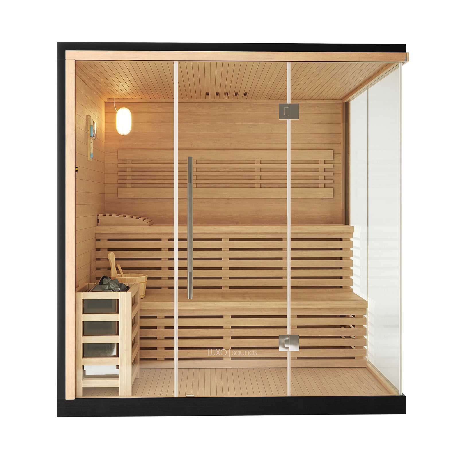 Kivi 4 Person Traditional Finnish Home Sauna with glass front, light-colored wood, slatted benches, wall-mounted light, and heater with stones, bucket, and ladle, offering a minimalist, clean design.