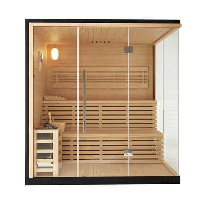 Kivi 4 Person Traditional Finnish Home Sauna with glass front, light-colored wood, slatted benches, wall-mounted light, and heater with stones, bucket, and ladle, offering a minimalist, clean design.