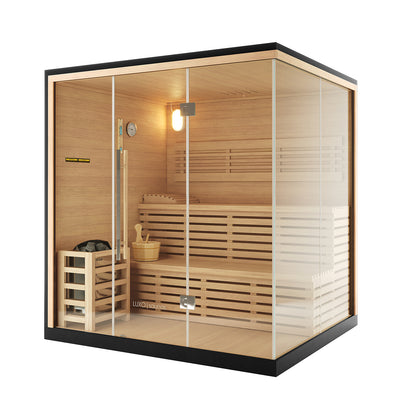 Kivi 4-Person Traditional Finnish Home Sauna with light wood, glass panels, tiered benches, wall light, hygrometer, wooden bucket, and enclosed heater with sauna stones. Ideal for relaxation and wellness.