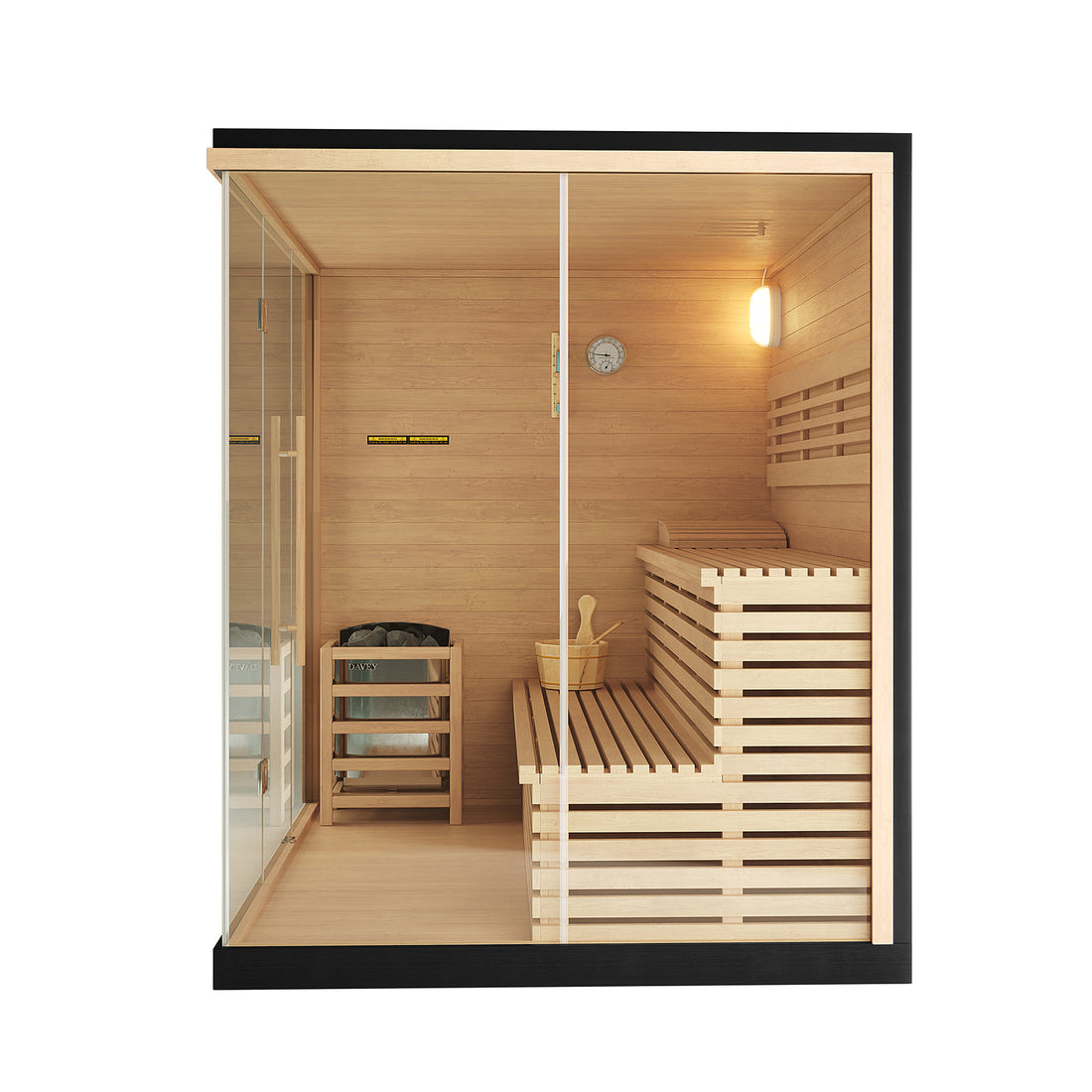 Kivi 4-Person Traditional Finnish Home Sauna featuring tiered wooden benches, a wall-mounted light, temperature gauge, wooden bucket, ladle, and a stone heater, visible through a glass front.