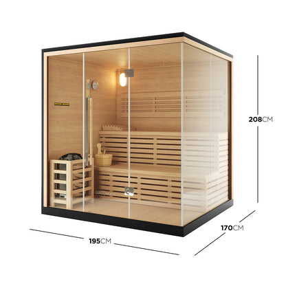 Kivi 4-Person Traditional Finnish Home Sauna with full-glass front, tiered wooden benches, traditional heater with stones, and frameless glazed doors; features light wood interior and black exterior frame.