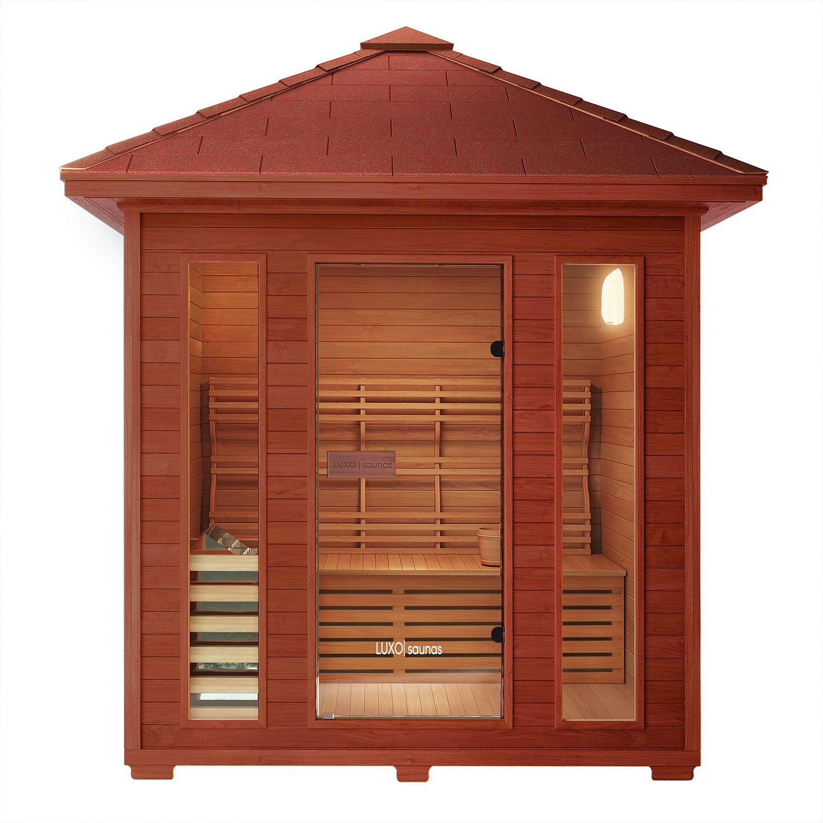 Close-up of the Kivi 4-Person Traditional Finnish Outdoor Sauna, showcasing the clear tempered glass door and sturdy wooden construction, highlighting its spacious design and luxurious features for a home sauna experience.
