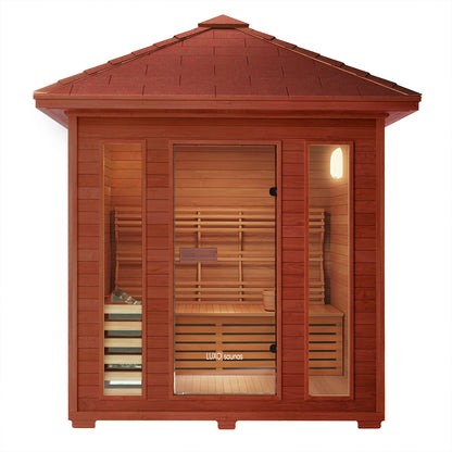 Close-up of the Kivi 4-Person Traditional Finnish Outdoor Sauna, showcasing the clear tempered glass door and sturdy wooden construction, highlighting its spacious design and luxurious features for a home sauna experience.