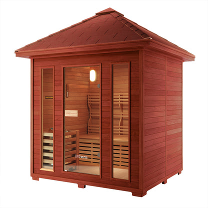 Close-up of the Kivi 4-Person Traditional Finnish Outdoor Sauna, showcasing detailed wood panels and slats, emphasizing its robust construction, ideal for enhancing your backyard or cabin with a luxurious sauna experience.