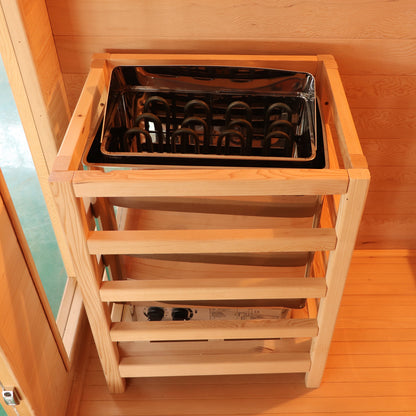 Kivi 4-Person Traditional Finnish Outdoor Sauna features a close-up of its sturdy lock, highlighting its secure construction, and detailed hardwood surface, emphasizing its quality craftsmanship and durability for outdoor relaxation.