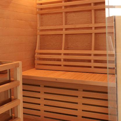Wooden bench in the Kivi 4 Person Traditional Finnish Outdoor Sauna, highlighting the traditional wooden slats and sturdy construction, ideal for a cozy, relaxing outdoor sauna experience.