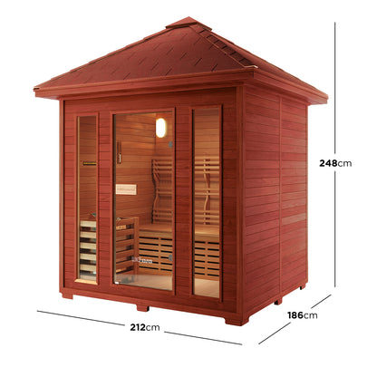 Close-up view of the Kivi 4-Person Traditional Finnish Outdoor Sauna, showcasing its sturdy wood panels and slats, emphasizing the craftsmanship and robust construction designed for outdoor use.