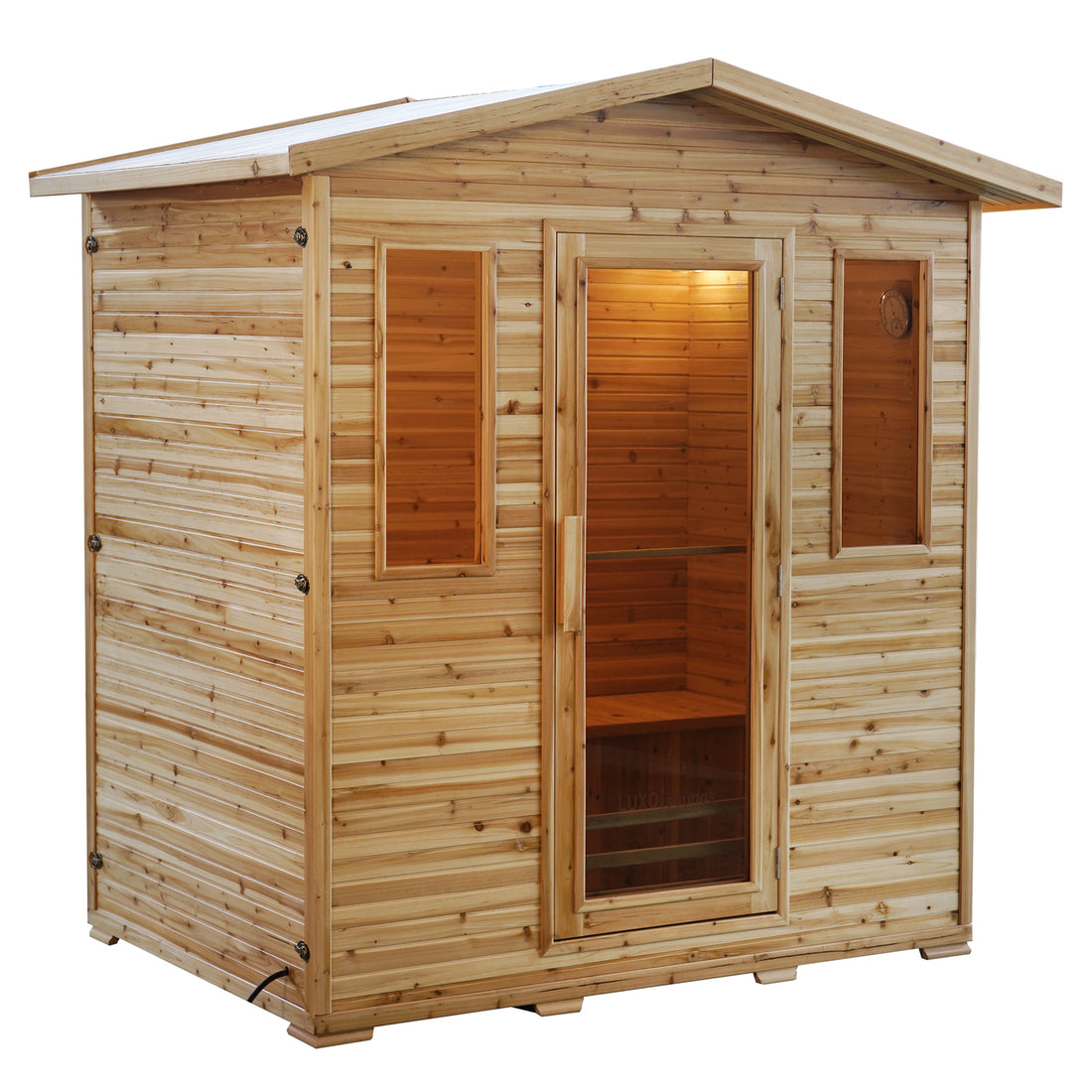 Kivi 4-Person Traditional Outdoor Finnish Home Sauna, a freestanding wooden cabin with slatted-wood construction, glass front door and windows, and a built-in bench for two or three people.