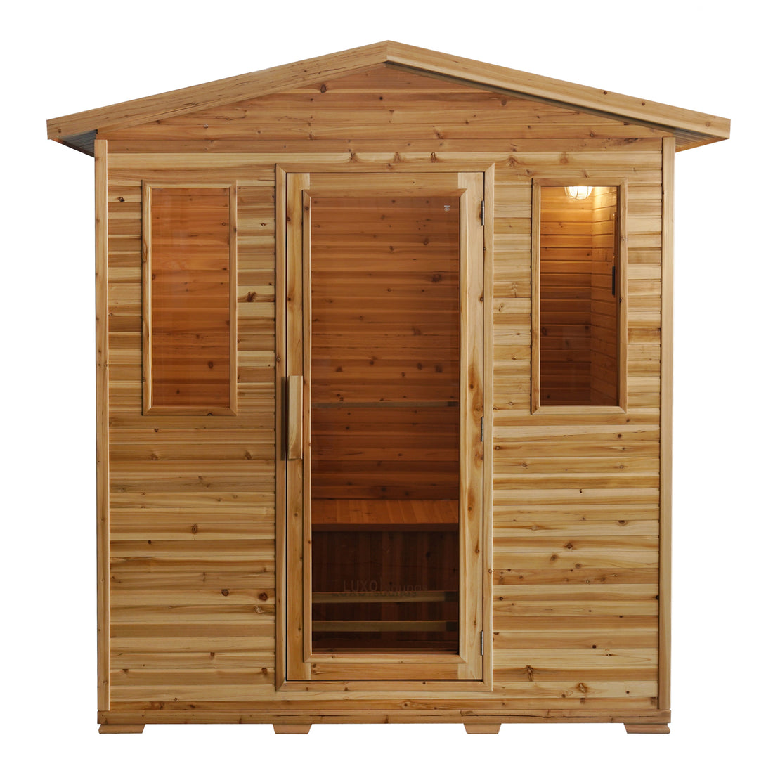 Kivi 4 Person Outdoor Finnish Steam Sauna – Fir Wood, featuring a close-up of its solid Fir wood construction, tempered glass door, and spacious design, ideal for backyard relaxation and wellness.
