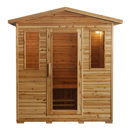 Kivi 4 Person Outdoor Finnish Steam Sauna – Fir Wood, featuring a close-up of its solid Fir wood construction, tempered glass door, and spacious design, ideal for backyard relaxation and wellness.