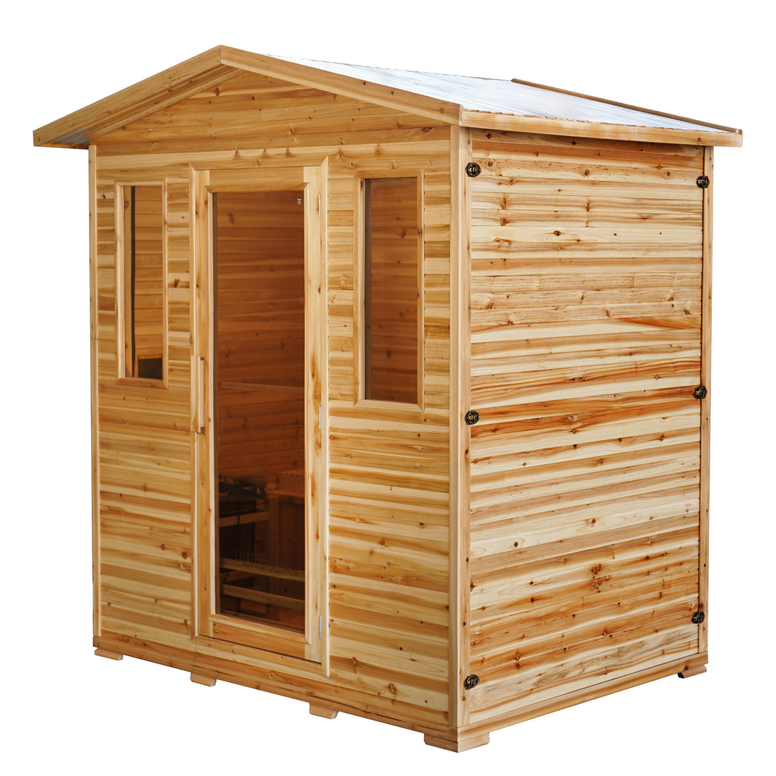 Kivi 4-Person Traditional Outdoor Finnish Home Sauna, featuring a wooden cabin design with tongue-and-groove planks, glass-paneled door, narrow windows, and an interior bench for personal sauna use.