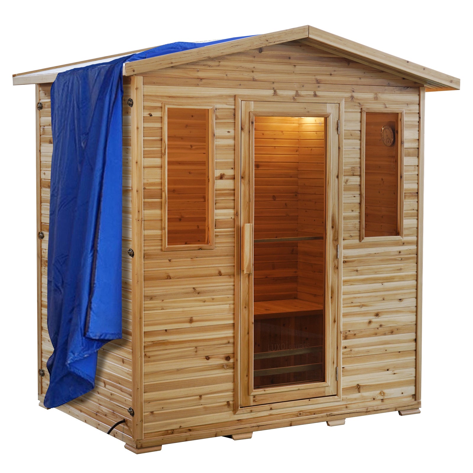Kivi 4 Person Outdoor Finnish Steam Sauna – Fir Wood, features a glass door, blue towel on the wooden door, and a close-up of a window, emphasizing its authentic Finnish design and functionality.