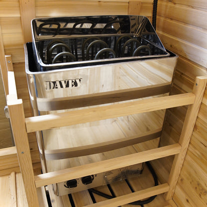 Kivi 4 Person Outdoor Finnish Steam Sauna crafted from water-resistant Fir wood, showcasing a solid structure with tempered glass door and windows, designed for backyard relaxation and wellness.