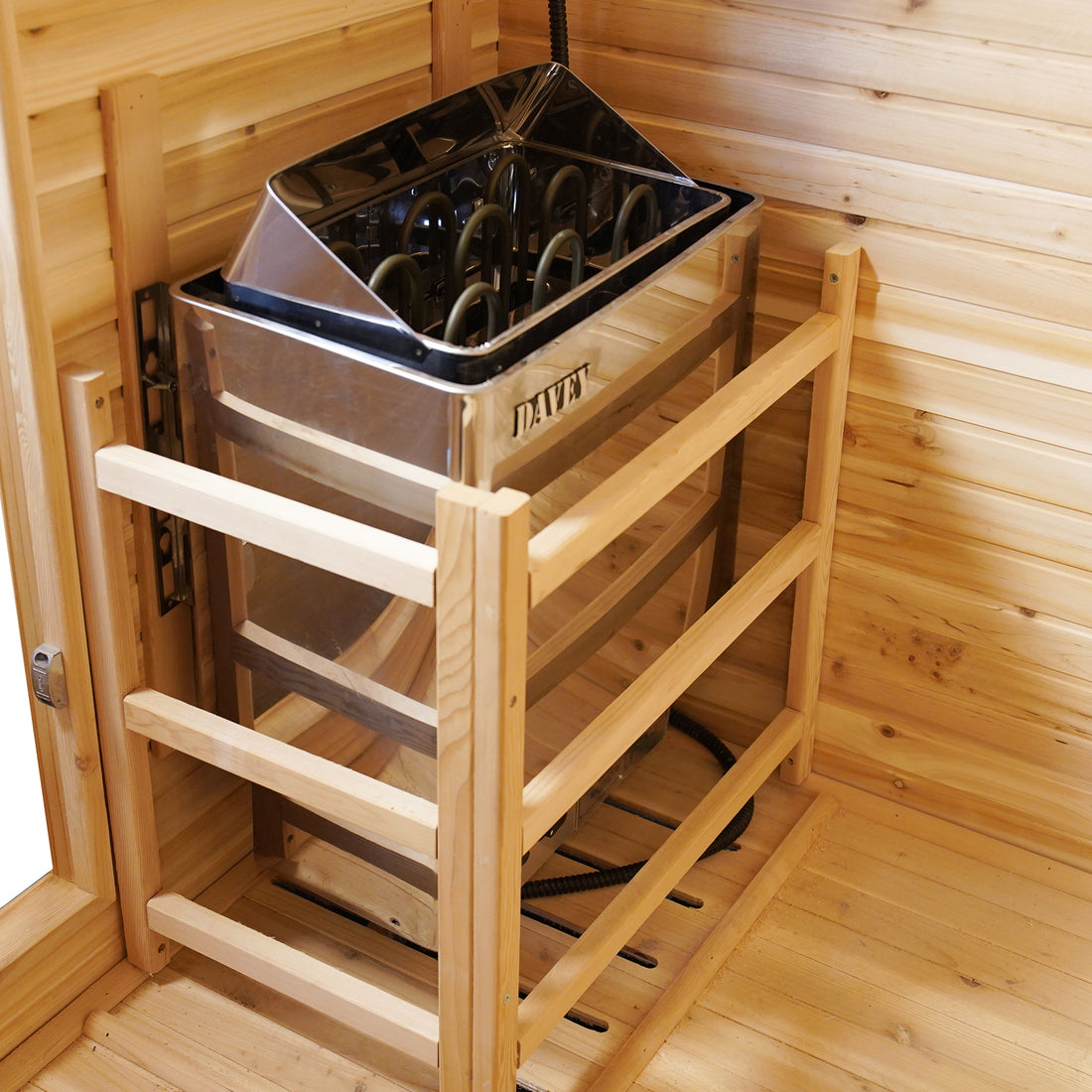 Kivi 4 Person Outdoor Finnish Steam Sauna crafted from water-resistant Fir wood, featuring a tempered glass door and windows, copper buckle assembly, and a powerful 4.5kW heater for authentic steam sessions.