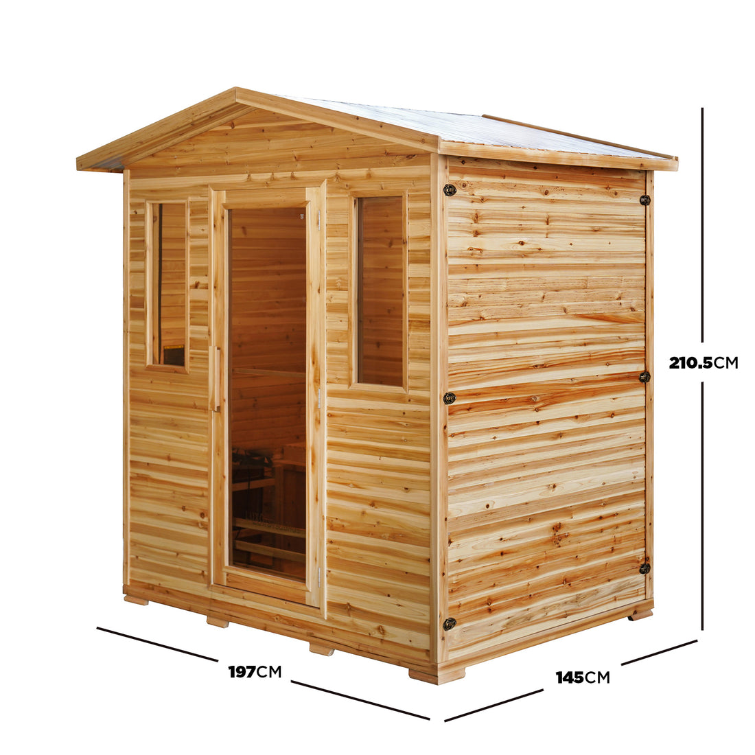 Kivi 4 Person Outdoor Finnish Steam Sauna – Fir Wood, showcasing a wooden structure with a door, emphasizing its solid Fir wood construction, ideal for an authentic backyard sauna experience.