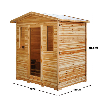 Kivi 4 Person Outdoor Finnish Steam Sauna – Fir Wood, showcasing a wooden structure with a door, emphasizing its solid Fir wood construction, ideal for an authentic backyard sauna experience.