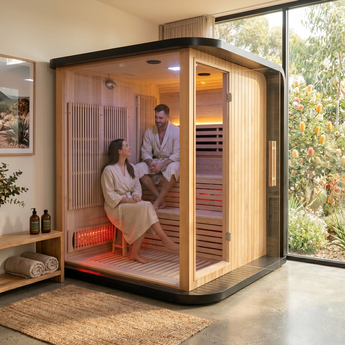 Koti 4 Person Ultra Low EMF Full Spectrum Infrared Sauna with open door showing interior seating and infrared heating