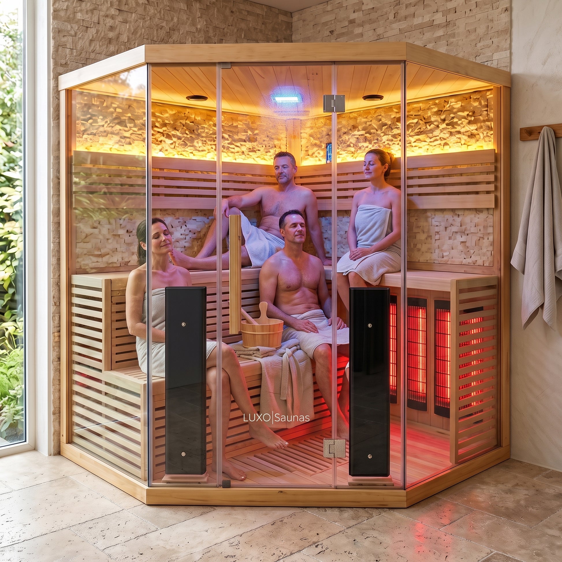 5-person corner infrared sauna with glass doors, wooden interior, and red heating panels