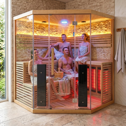 5-person corner infrared sauna with glass doors, wooden interior, and red heating panels