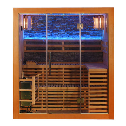 Loyly 3-Person Traditional Finnish Indoor Home Sauna features wooden cabin with tiered seating, glass door, Harvia heater, stone wall with blue LED lighting, and wooden bucket and ladle for steam.