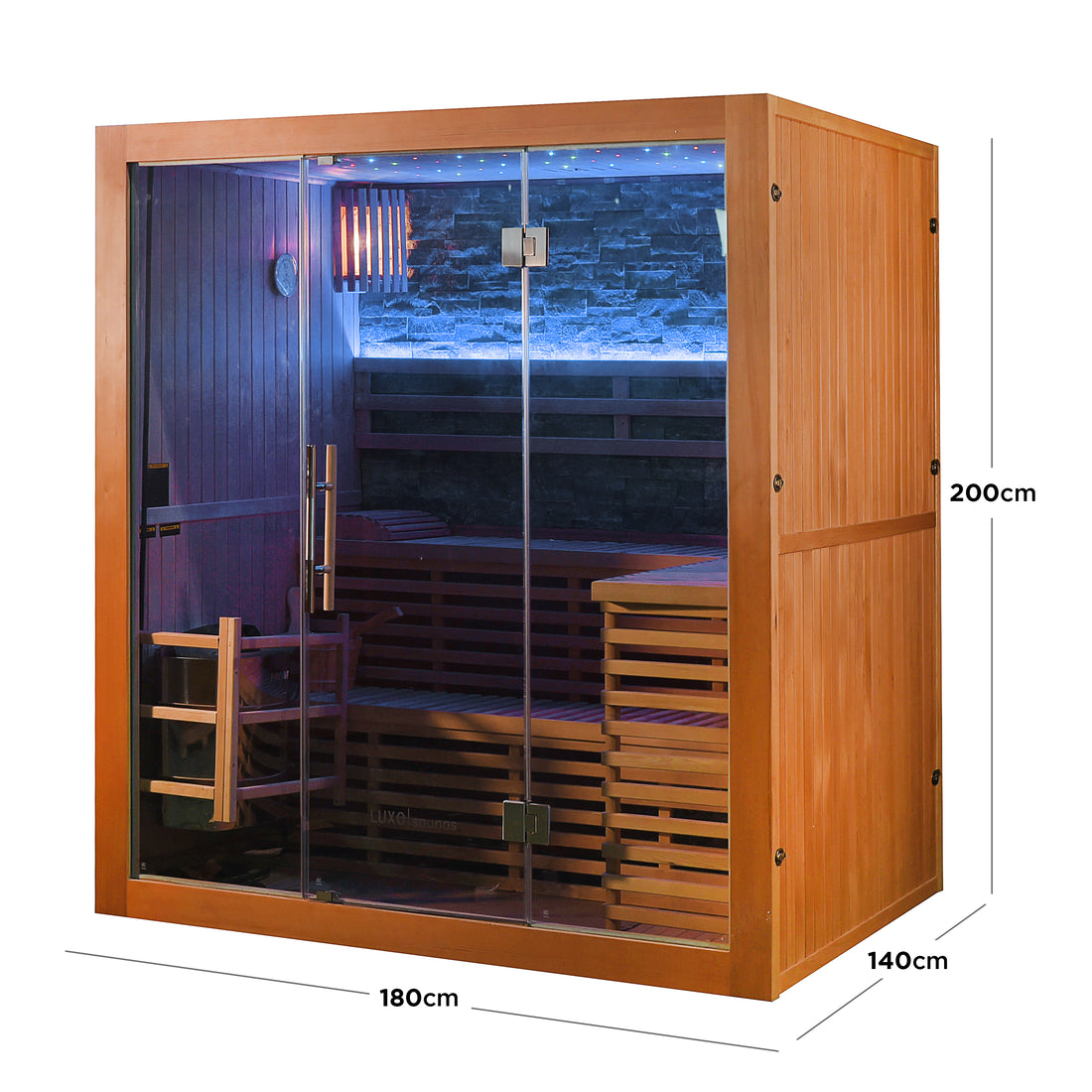 Loyly 3-Person Traditional Finnish Indoor Home Sauna with glass door, dual-level wooden benches, heater, water bucket, mood lighting, and wall-mounted thermometer/hygrometer, offering a luxurious sauna experience.