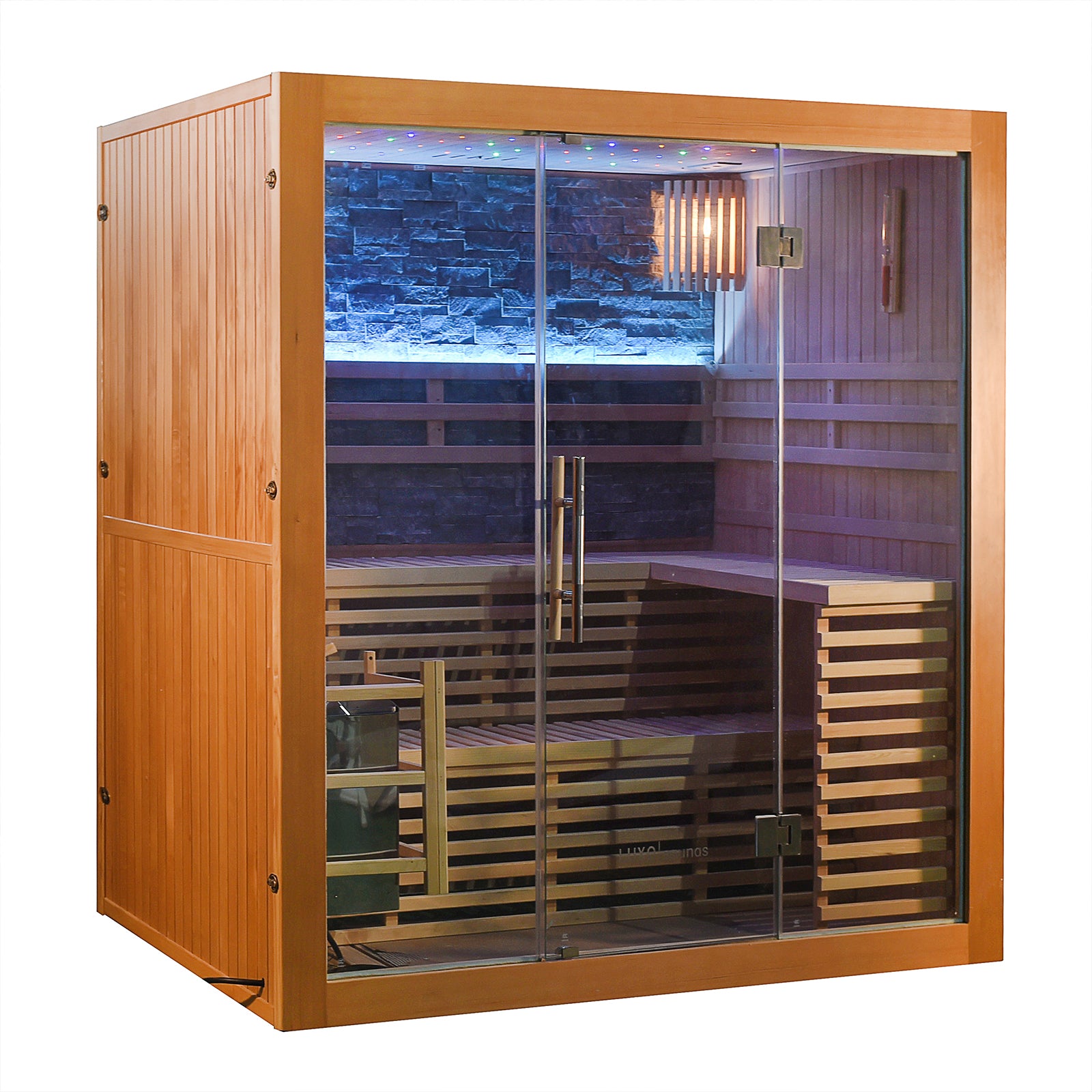 Loyly 3-Person Traditional Finnish Indoor Home Sauna, featuring a wooden cabin with glass-front doors, tiered benches, heater unit, and LED lighting, visible through the clear glass for a luxurious sauna experience.