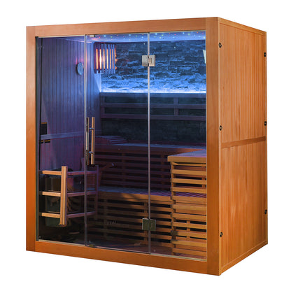 The Loyly 3 Person Traditional Finnish Indoor Home Sauna features a wooden enclosure with a glass front door, bench seating, LED lighting, and an integrated Harvia heater visible inside.