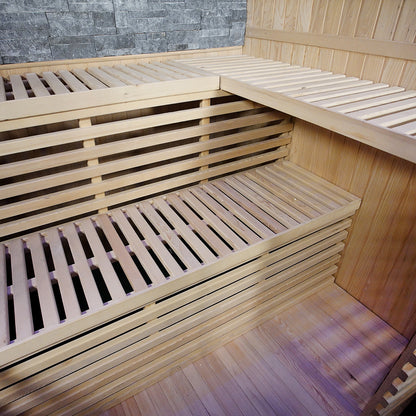 Loyly 3-Person Traditional Finnish Indoor Home Sauna showcases tiered wooden benches and wood-paneled walls with stone accents, embodying a classic sauna design for private, luxurious home relaxation.