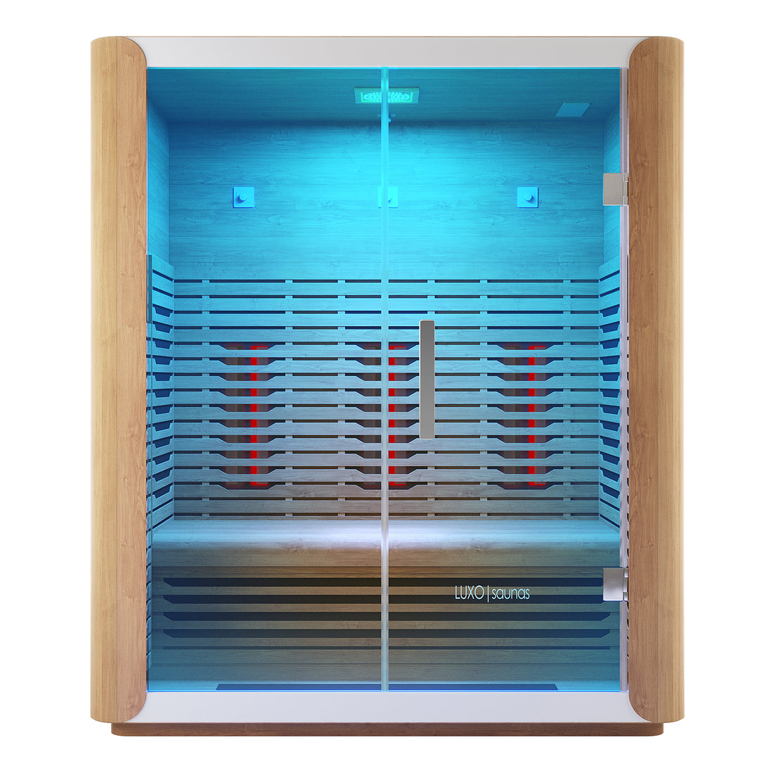 Lue 3 Person Canadian Hemlock Far Infrared Home Sauna with light-wood framing, glass front, glowing infrared panels, blue accent lighting, and comfortable bench. Features stainless steel handle and Luxo Saunas logo.