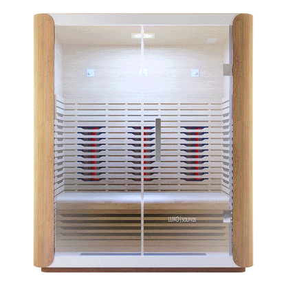 Lue 3 Person Canadian Hemlock Far Infrared Home Sauna features light-wood walls, a full-height glass front, and built-in heating panels, offering a modern relaxation space for three.