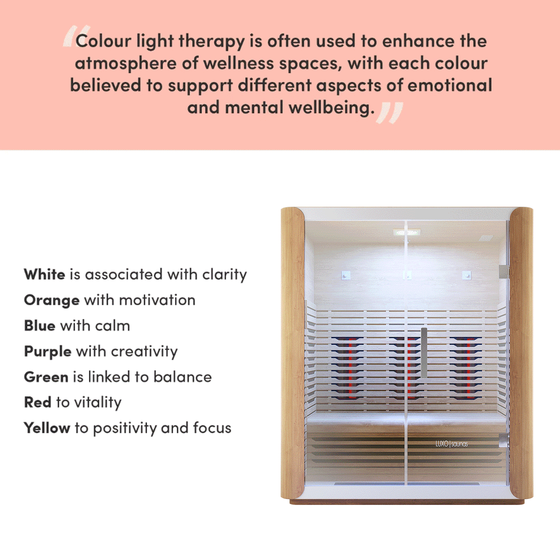 Lue 3 Person Full Spectrum Curved Infrared Indoor Home Sauna with LED chromotherapy lights cycling through seven colors, showcasing its glass-fronted cabin and Canadian Hemlock wood construction for a modern, relaxing experience.