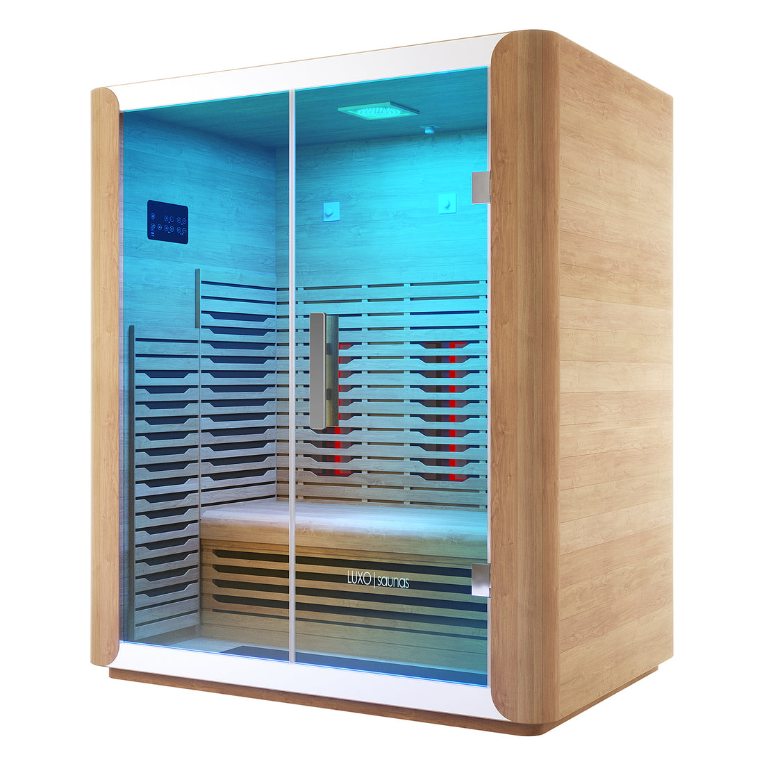Lue 3 Person Full Spectrum Curved Infrared Indoor Home Sauna, with light wood panels, glass front, interior bench, back-rest panels, infrared heating elements, digital control panel, and blue-lit minimalist design.