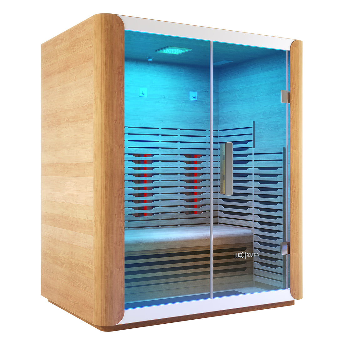 Lue 3 Person Full Spectrum Curved Infrared Indoor Home Sauna, featuring a light-wood exterior, glass front with metal handle, built-in bench, ambient blue LED lighting, and visible infrared heating elements.